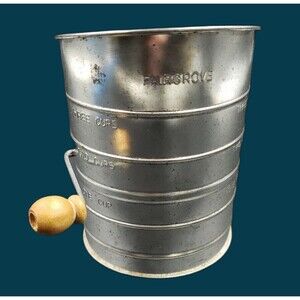 Vintage Metal Flour Sifter Fairgrove Hand Crank Powder Sugar 3 Cup Wood Handle